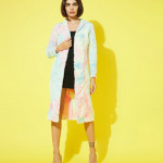 Women Blue & Pink Tie And Dye Printed Wool Longline Open Front Shrug