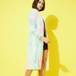 Women Blue & Pink Tie And Dye Printed Wool Longline Open Front Shrug