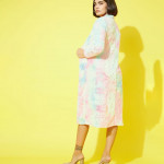 Women Blue & Pink Tie And Dye Printed Wool Longline Open Front Shrug